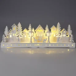 Villaggio di Natale in legno luminoso a pile (45 x H15 cm) Piazza incantata Bianca